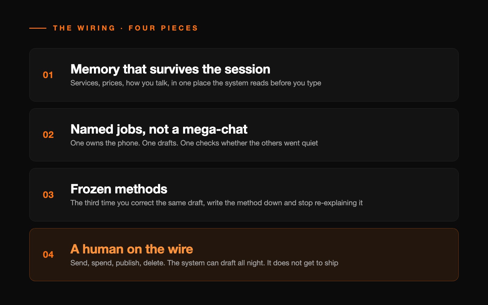 Four stacked layers of an AI second brain architecture: memory that survives the session, named jobs, frozen methods, and a human on send, spend, publish and delete